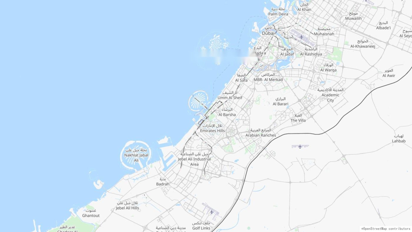 ドバイ主要エリアの位置図（OpenStreetMap由来）